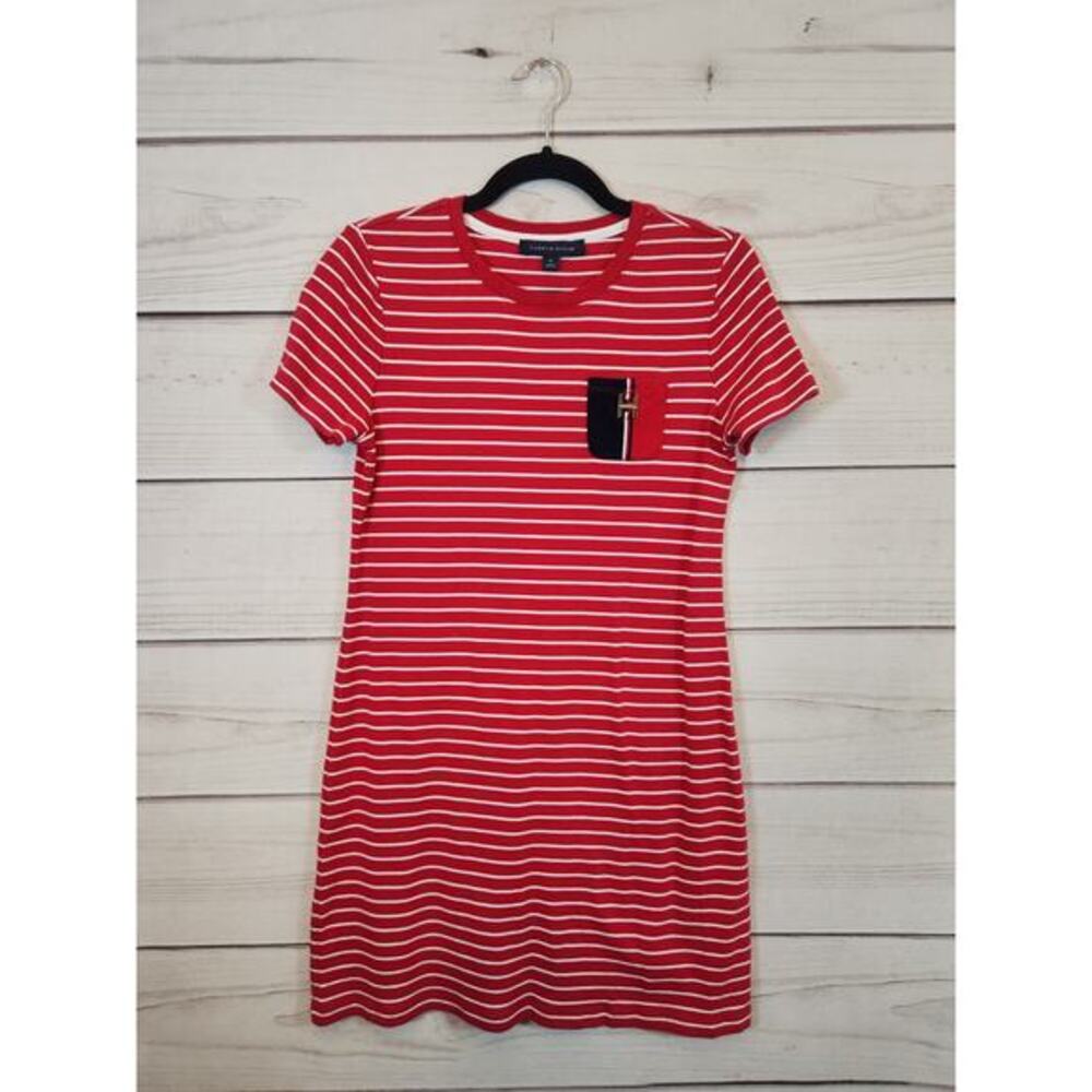 Tommy Hilfiger Women's Red White Stripe Short Sleeve T-Shirt Mini Dress Size M